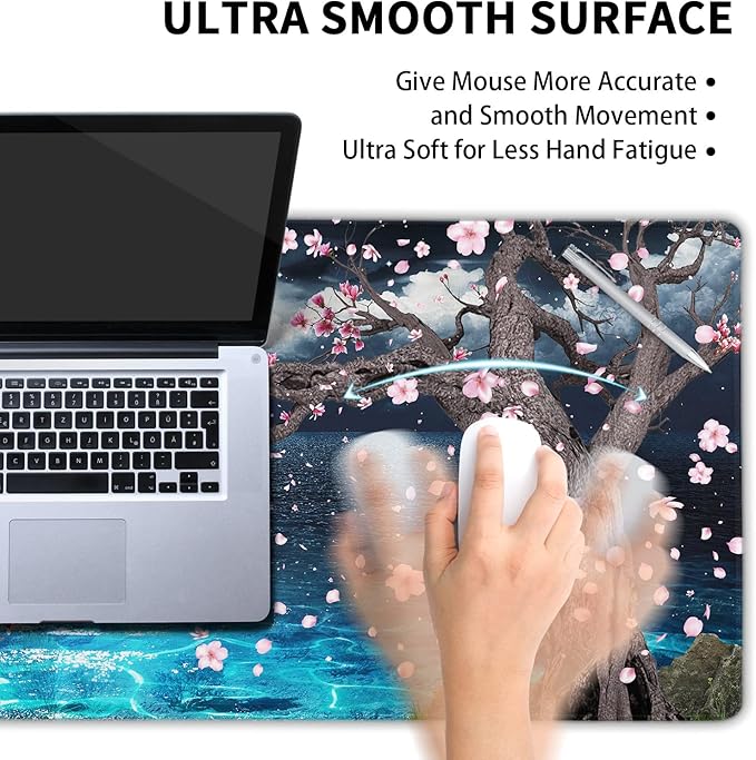Pink Cherry Blossom Gaming Mouse Pad XL Sakura Tree Blue Ocean Moon Night Extended Big Large Desk Mat Non-Slip Rubber Base Stitched Edge Long Keyboard Mousepad for PC Computer Laptop,31.5×11.8 in