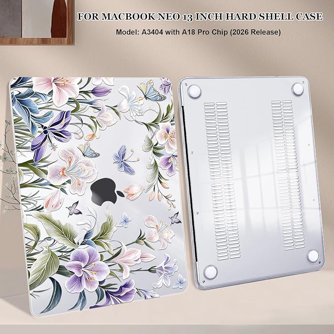 for MacBook Neo 13 inch Case 2026 A3404 with A18 Pro Chip, Anti-Scratch Slim Pattern Plastic Hard Shell Case 13-inch Neo Protective Cover with Keyboard Cover & Screen Film, Purple Flowers