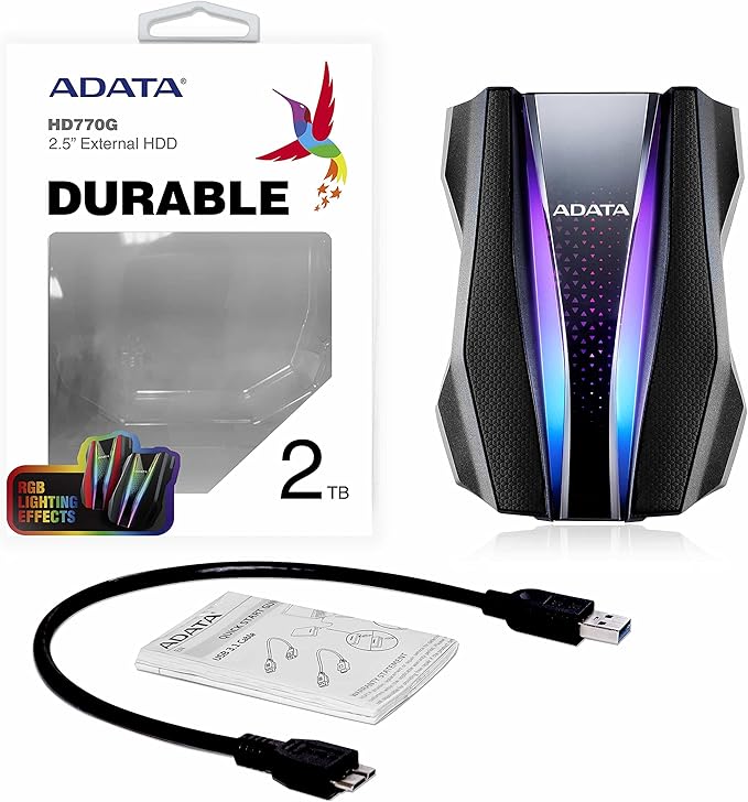 ADATA HD770G 2TB RGB USB 3.2 IP68 Waterproof Dropproof Dustproof External HDD Black (AHD770G-2TU32G1-CBK)