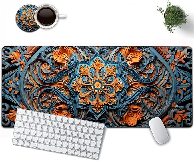 Large Mouse Pad, 31.5 x 11.8in Extended Gaming Mouse Pad with Stitched Edges, XXL Mousepad Protector Non Slip Rubber Base for Office and Home Writing Mat, Flower Art Pattern Desk Mat