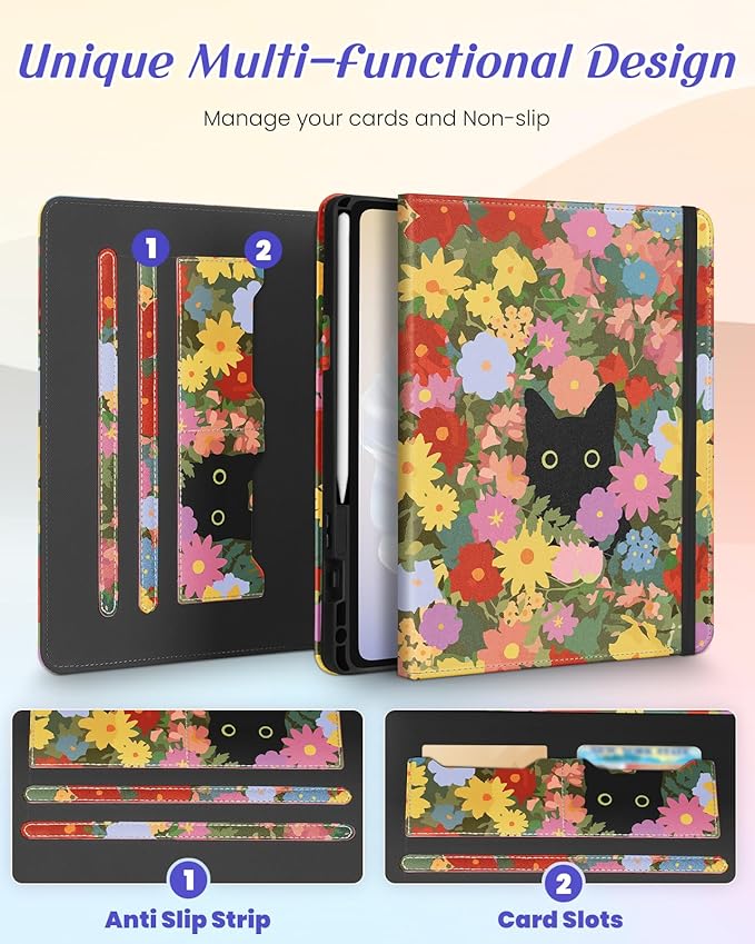 Kidcube for Samsung Galaxy Tab A9 Plus Case 11 Inch - for Women Girls Cute Rotating Stand Folio Cover with Pencil Holder & Card Slot Girly Kawaii Cat Flowers Design for Samsung A9 Plus Tablet Cases