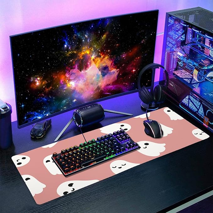 Halloween Cute Ghost Mouse Pad Kawaii Cartoon Spooky Funny Spirit Extended Desk Mat Non-Slip Rubber Base Stitched Edge Large XL Pink White Mousepad for Desk Gaming Laptop Desktop,31.5×11.8 Inch