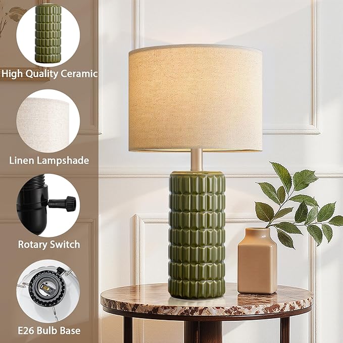 23" Modern Ceramic Table Lamps Set of 2 - Table Lamps for Living room, Farmhouse Bedside Night Stands Lamp for Bedroom, White Boho Nightstand Lamps Set of 2, Desk Lamp for End Table Home Decor(Green)