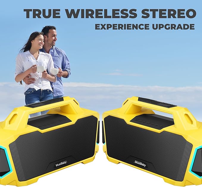 Musibaby Bluetooth Speaker,80W Portable Bluetooth Speaker with Deep Bass,Loud Stereo Sound,IPX6 Waterproof,24H+ Playtime,USB/TF/AUX,Dual Pairing Party Speaker for Outdoor,Beach,Patio (Yellow)