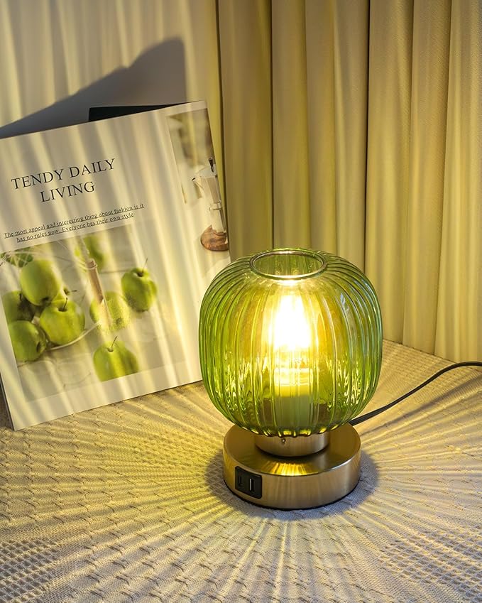 Elenhome Touch Control Small Table Lamp Set of 2, Elegant Green Glass Bedside Lamp 3 Way Dimmable with USB C+A Charging Ports - Bedroom Nightstand & Living Room Essential, 4W Bulb Included