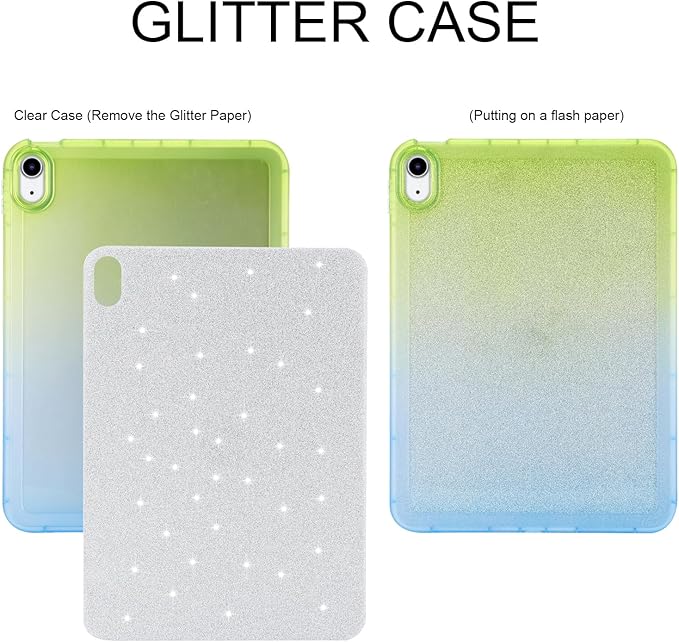 for iPad Pro 12.9 inch Case 6th/5th/4th/3rd Generation (2022/2021/2020/2018) Glitter Translucent Frosted Clear Soft TPU Back Gradient Bling Cover Silicone Protective Shell, Green & Blue