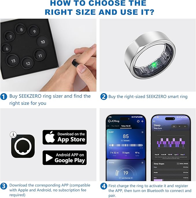 Smart Ring for Women Men, Titanium Fitness Ring with Heart Rate, Stress & Sleep Monitoring,Step & Calorie Counter, 5ATM Waterproof for iPhone and Android,No Subscription Fee(Silver, 12)
