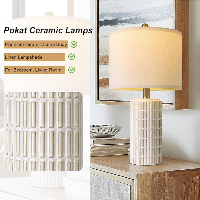 PoKat 20.75" Small Modern Ceramic Table Lamps Set of 2 for Bedroom, White Bedside Lamps for Night Stands, Farmhouse Desk Decor Gift Nightstand Table Lamps for Living Room End Table Beige