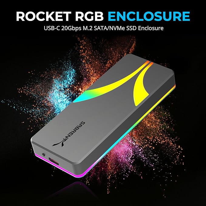 SABRENT Rocket RGB NVMe & SATA M.2 SSD Enclosure – USB C 20Gbps Tool-Free Case, USB 3.2 Gen 2x2, Trim, UASP, RGB LED, Compatible with 2230/2242/2260/2280 Drives – Aluminum, Plug & Play (EC-RGBG)