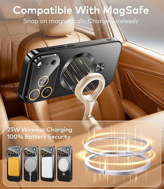 TOBOVON Magnetic for iPhone 17 Pro Max Case with Ring Stand, Fits MagSafe, with Built-in Camera Lens Protector, Slim Electroplated Shockproof Phone Cover, Black