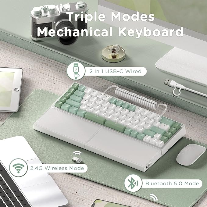 RK ROYAL KLUDGE RKS70 Ergonomic Split Keyboard, Wireless PC Gaming Keyboard with Bluetooth/2.4G/Wired, Hot Swappable Mechanical Keyboards w/Fixed Wrist Rest, PBT Keycaps, Linear Switches, White