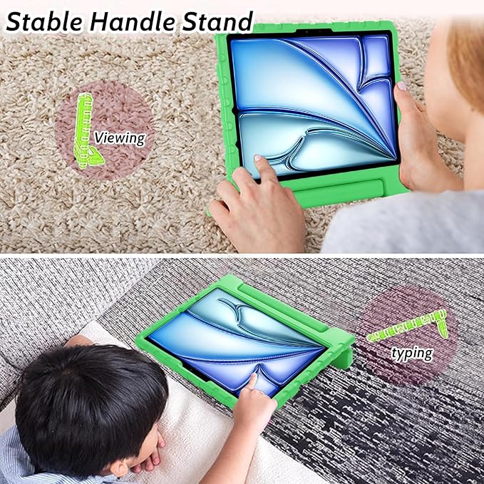 Dteck Kids Case for iPad Air 11" M2 2024, iPad Pro 11" Case 2024, Lightweight Shockproof Rugged EVA Kids Friendly Handle Kickstand Child Proof Protective Case with Pencil Holder, Green