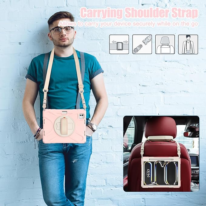 Batianda Case for New iPad Pro 11-inch 2025 M5 2024 M4 Chip Heavy Duty Rugged Durability Silicone Tablet Cover with 360° Rotating Hand Strap Foldable Hidden Stand & Shoulder Strap, Pink