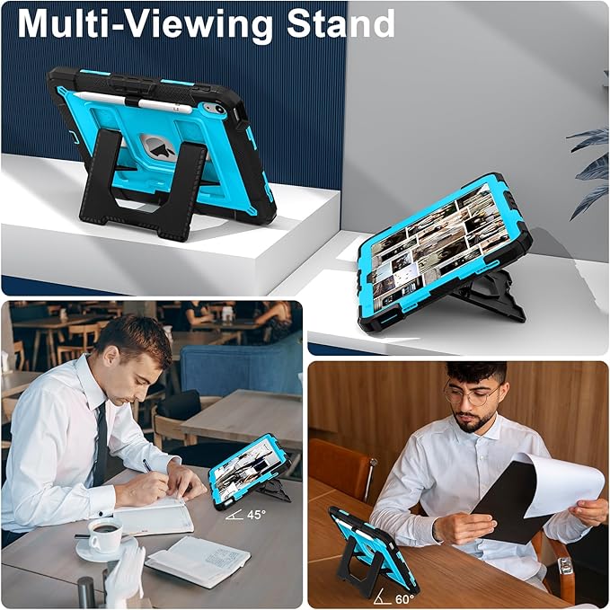 Kids Friendly Case for iPad A16 11th Generation 11 Inch 2025 / iPad 10th Generation 10.9" 2022 Case with Pencil Holder & Shoulder Strap, Hybrid iPad 11 10 Cover Rugged Shockproof Kickstand,Black+Blue