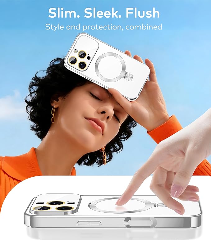 TOBOVON Magnetic for iPhone 16 Pro Case with Ring Stand, Fits MagSafe, with Built-in Camera Lens Protector, Slim Electroplated Shockproof Phone Cover, Silver