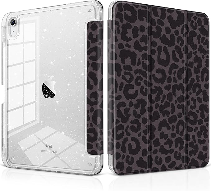 DONGKE for iPad Pro 11 inch Case – Fits M5 2025 / M4 2024, Shockproof Sparkling Glitter Acrylic Back, Pencil Holder, Trifold Stand, Auto Sleep/Wake & Touch ID Support - Black Leopard