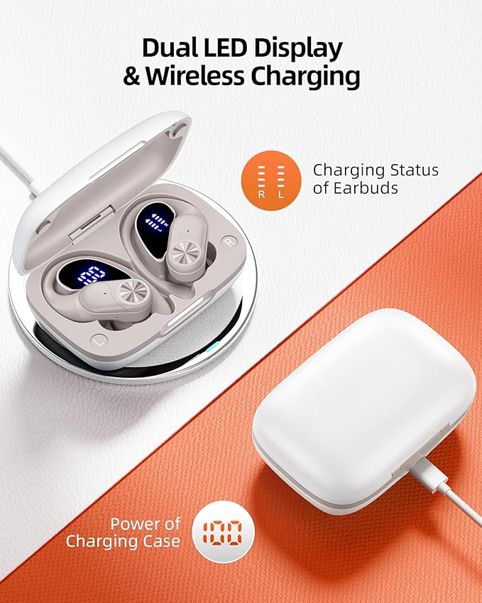 PocBuds Bluetooth Headphones Wireless Earbuds 80hrs Playtime Wireless Charging Case Digital Display Sport Ear Buds with Earhook Deep Bass IPX7 Waterproof Over-Ear Earphones for Phone Laptop Beige
