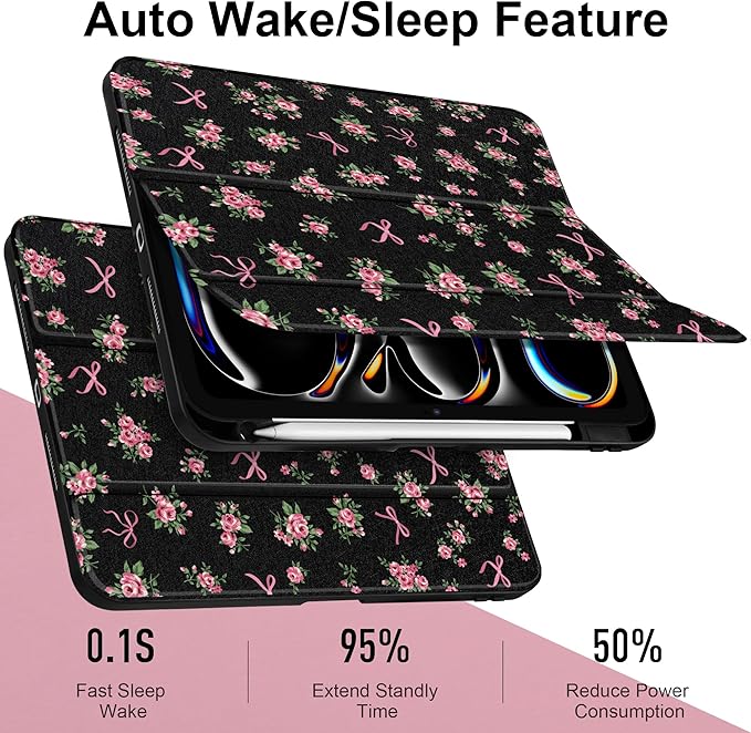 Case for iPad Pro 11 inch (M5) 2025 (M4) 2024 Release Slim Lightweight Cute Leather Black Cover with Clear Back TPU Edge Pencil Holder Trifold Stand, Roses