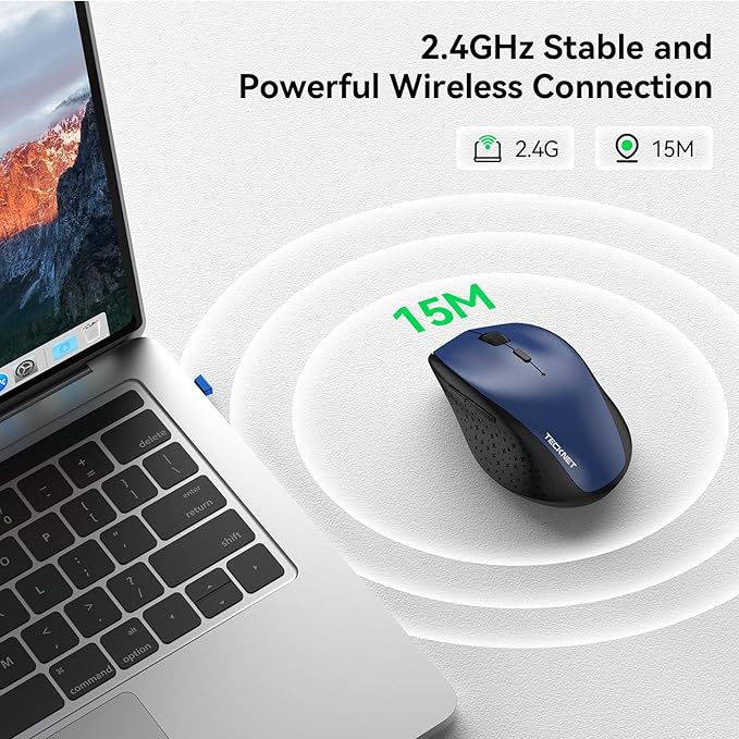 TECKNET Wireless Mouse, 2.4G USB Computer Mouse with 6-Level Adjustable 4800 DPI, 30 Months Battery, Ergonomic Grips, 6 Buttons Portable for PC, Chromebook, Mac - Blue