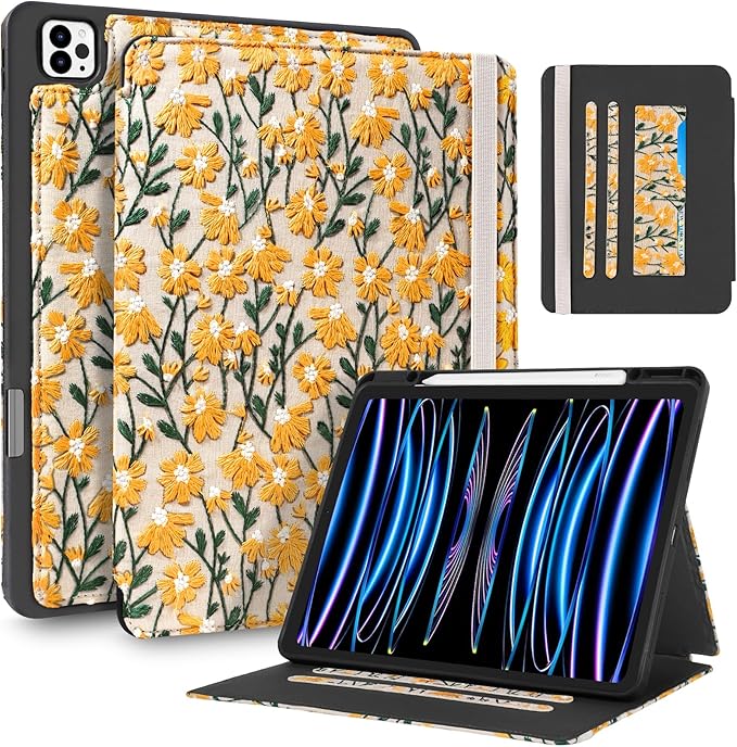 Uppuppy for iPad Air 13 Inch Case M3 2025/M2 2024, for iPad Pro 12.9 Case 6th/5th/4th/3rd Gen - Women Girls Cute Embroidered Folio Stand Cover with Pencil Holder & Card Slot Design Girly Yellow Daisy