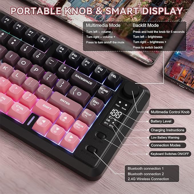 ZIYOU LANG M75 Wireless Gaming Keyboard, RGB Backlit Rechargeable 2000mAh Battery, Small Membrane But Mechanical Feel Keyboard with Smart Display & Knob, PBT Gradient keycaps for PC, MAC-BlackBerry