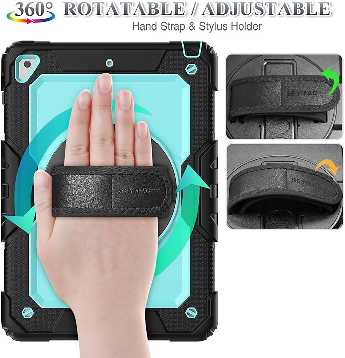 SEYMAC stock Case for iPad 6th / 5th Generation Case/Air 2 / Pro 9.7 inch, Heavy Duty Protective with Screen Protector, with Pencil Holder, Hand Strap, Shoulder Strap, 360 Rotate Stand, SkyBlue+Black