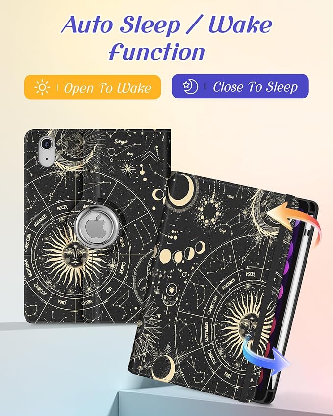 Kidcube for iPad mini 7 Case A17 Pro 2024, for iPad mini 6th Generation Case 8.3 Inch - Women Girls Cute Rotating Stand Folio Cover with Pencil Holder & Card Slot Girly Sun Moon Stars Teens Cover