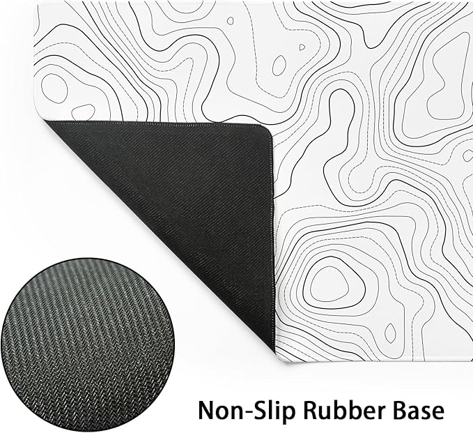 Topographic Map Mouse Pad Large White Lines Contour Geographic Extended Desk Mat 60x35 CM Non-Slip Rubber Base Stitched Edge Long Mousepad, 24x14 Inch