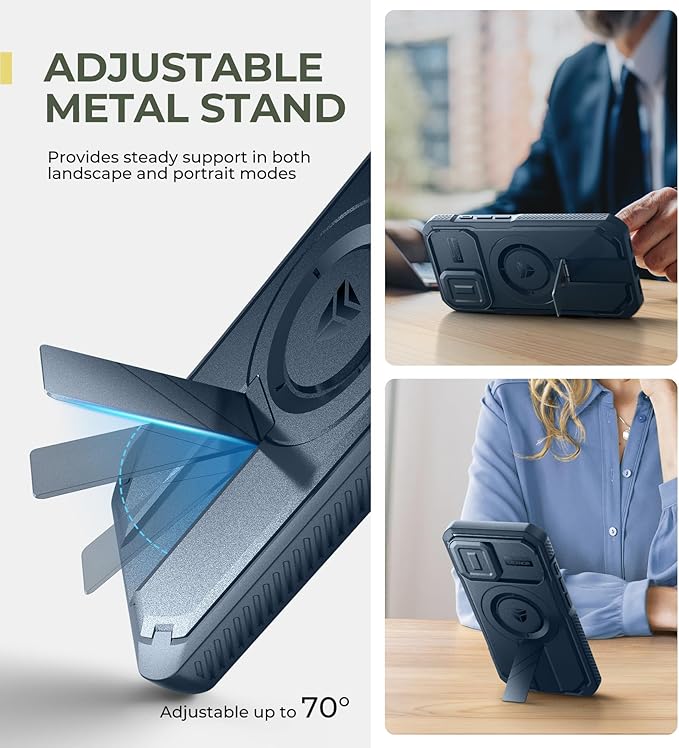 Dexnor for iPhone 16 Case with Slide Camera Cover & Adjustable Kickstand, Rugged Shockproof Bumper Cases Heavy-Duty Magnetic Protective Cover,Navy Blue