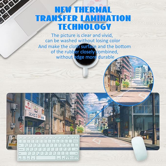 Desk Mat, Anime Summer Street Scenery Extended Gaming Mouse Pad Large, 31.5"x11.8" Big Mouse Pad with Non-Slip Base and Stitched Edge, Long Computer Keyboard Mouse Mat for Home Office Work