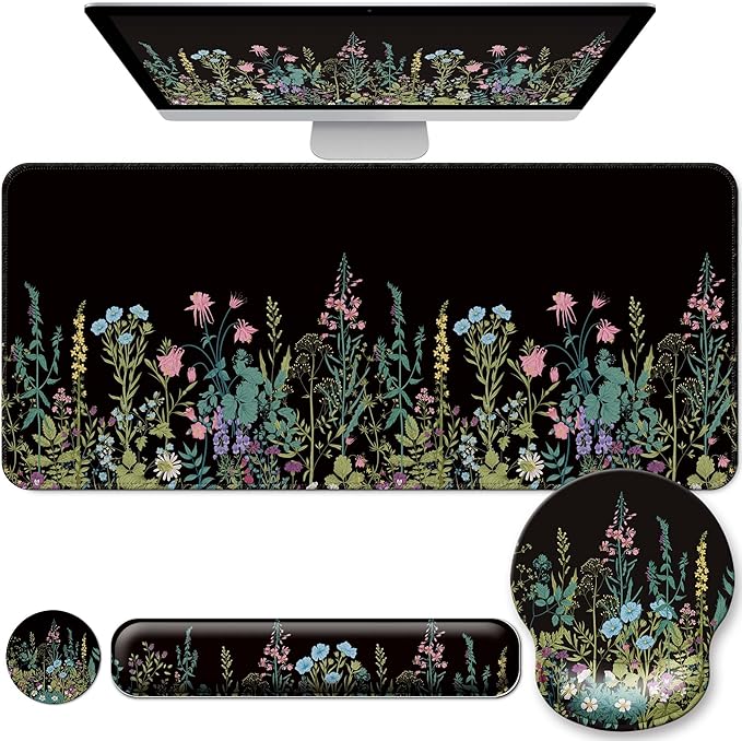 Desk Mat Set + Keyboard and Mouse Pad with Wrist Rest Support,4-in-1 Large Mousepad Computer Mats for Desktop Home & Office-Flowers Garden