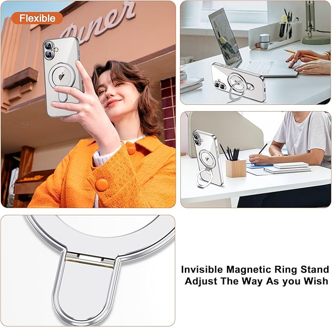 Compatible with iPhone 16 Plus Case with Invisible Magnetic Ring Stand [Compatible with Mag-Safe] [Full Camera Lens Protector] Plating Clear Phone Case for iPhone 16 Plus 6.7", Silver