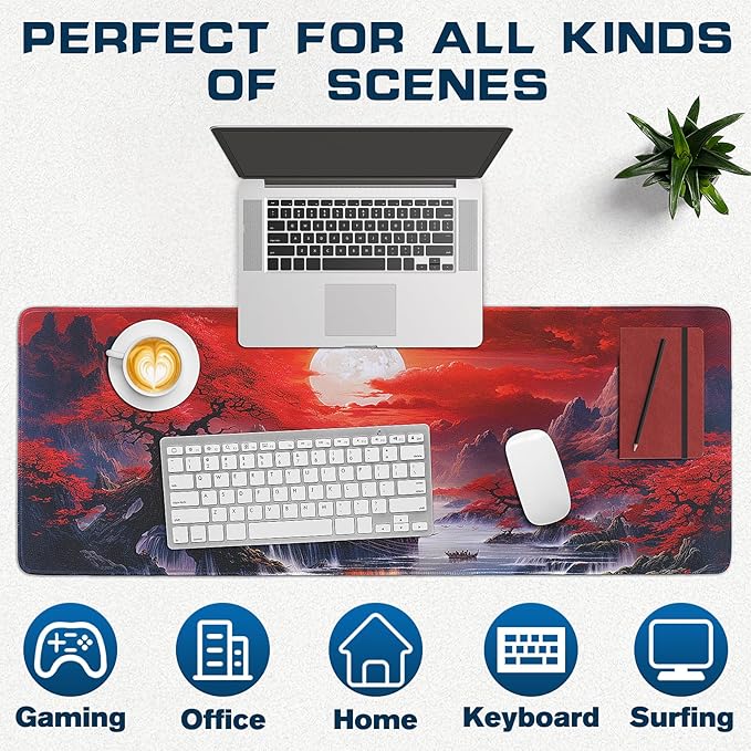 Mouse Pad Gaming - Desk Mat for Keyboard and Mouse - Japanese Red Cherry Blossoms Large Mouse Pads for Desk, Anime Gaming Mousepad (31.5" X 11.8") with Non-Slip Base for Game, Office and Home