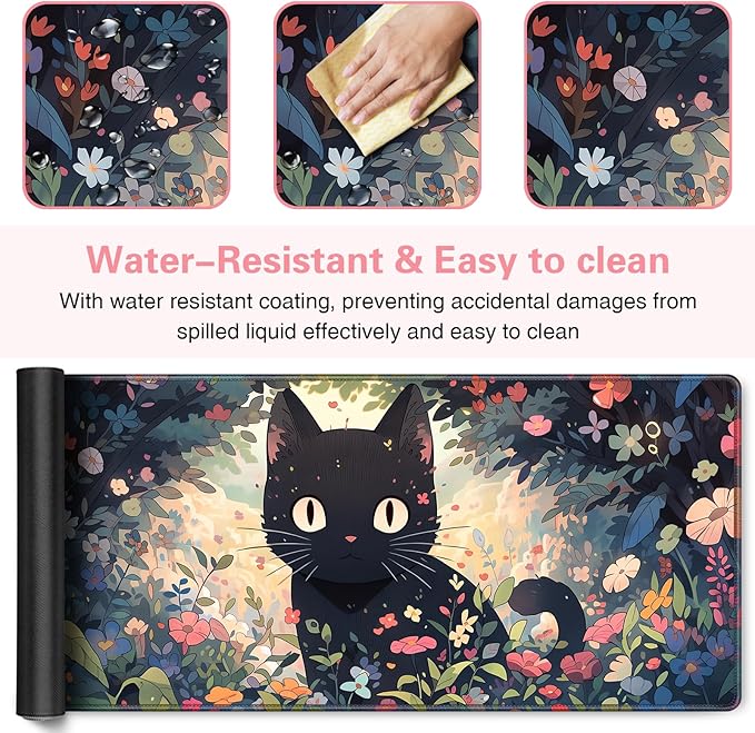 Anime Cat Mouse Pad Desk Mat, Kawaii XXL Large Gaming Mouse Pad Keyboard with Stitched Edges Non-Slip, 35.4×15.7in Mousepad Mat for Desktop Computer Laptop Office Women Decor Funny Cute