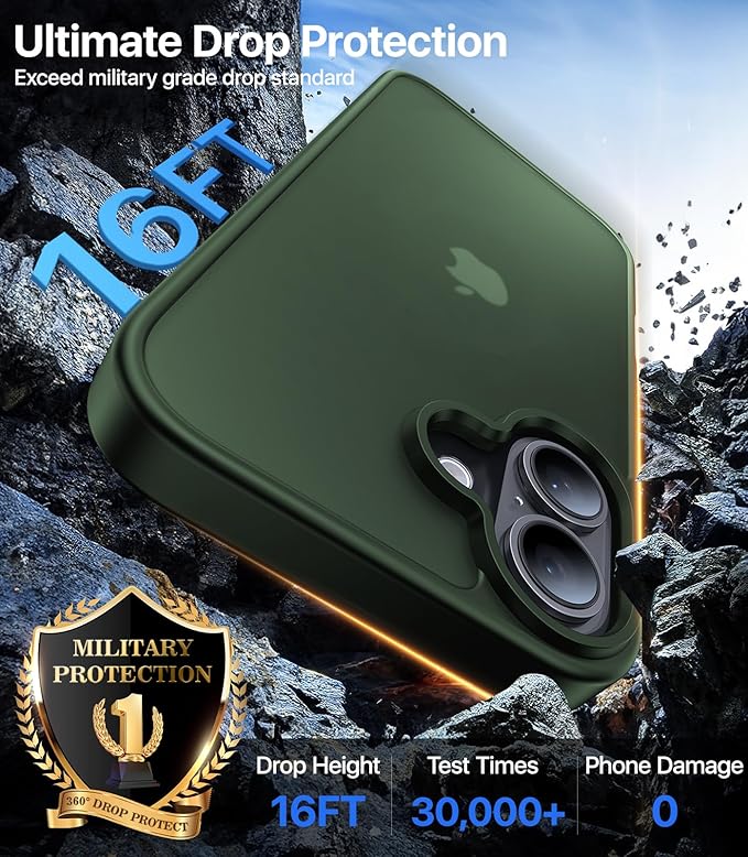 for iPhone 16 Case, [Military-Grade Drop Protection][Anti-Yellowing] Shockproof Protective Translucent Matte Cover for iPhone 16 Phone Case,Alpine Green