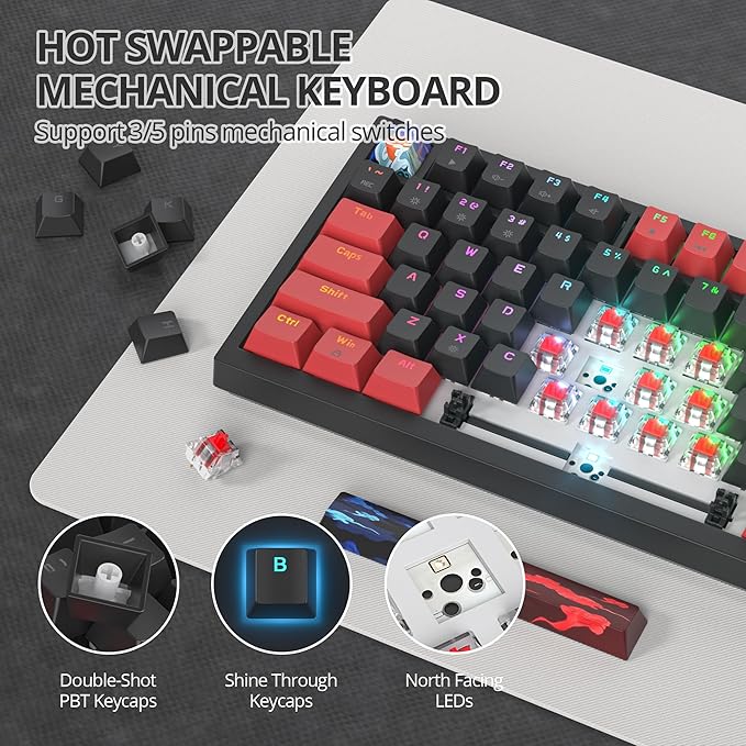 75% Mechanical Gaming Keyboard with Hot Swappable RGB Backlit Custom Knob, Gasket Mount USB Wired Keyboard, 82 Red Black Linear Red Switch Keys