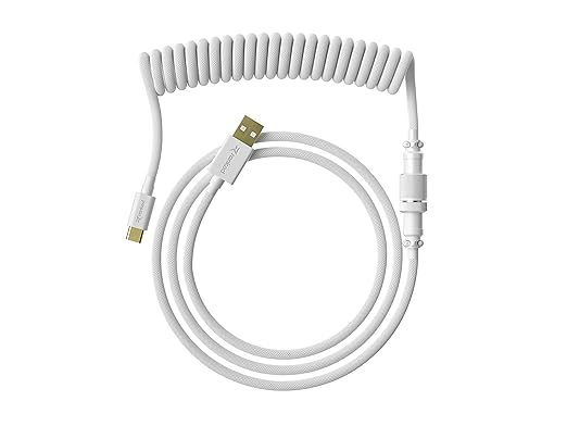 Ranked Coiled Keyboard Cable | Handcrafted Double-Sleeved Braided Cable | USB Type C to A | 5-Pin Aviator Connector for Custom Mechanical Gaming Keyboard | Support Fast Charge 20W (White)