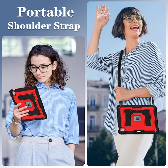 Kids Friendly Case for iPad Air 13 Inch M4 M3 M2 2026/2025/2024 Case with Pencil Holder & Shoulder Strap, Military Grade Shockproof Kickstand Hard Shell Protective Cover,Black+Red