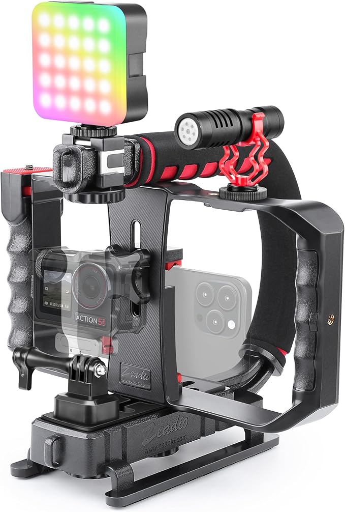Zeadio Smartphone Camera Stabilizer, All-in-One Video Rig Kit with Phone Cage, RGB Video Light, Microphone, Action Camera Adapter, Compatible with Smartphones, Action Camera, DSLR, Cameras etc