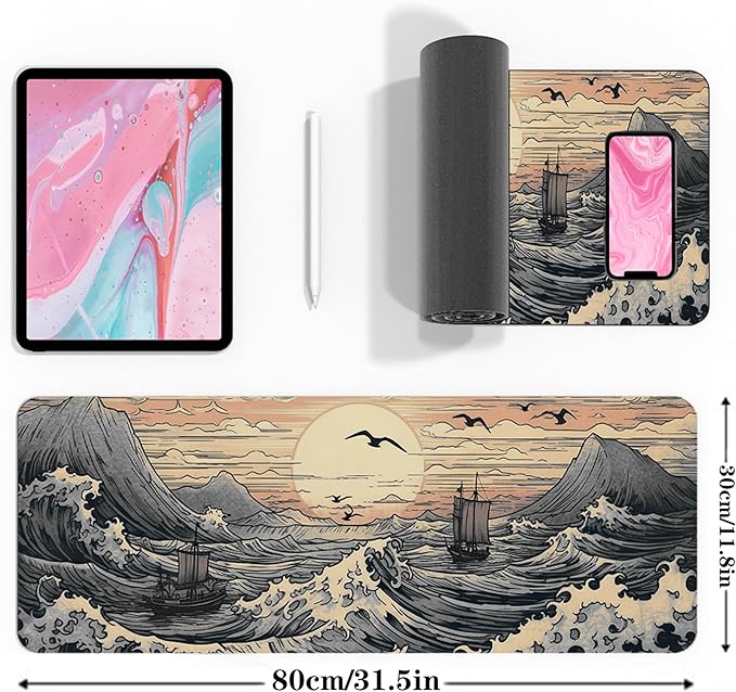 Japanese Sea Waves Large Gaming Mouse Pad,XL Mouse Pad Gaming Mouse Mat Desk Pad,31.5 x 11.8in Desk Mat Anime Mouse Pads for Desk,Extended Keyboard Pad Mousepad with Non-Slip Base and Stitched Edge