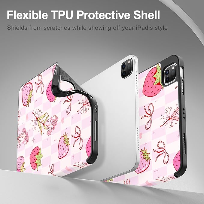 May Chen Case for iPad Pro 11 inch (4th, 3rd, 2nd & 1st Gen) 2022 2021 2020 2018,Trifold Stand with Auto Wake/Sleep Soft TPU Protective Stand Back Cover, Strawberry Bow