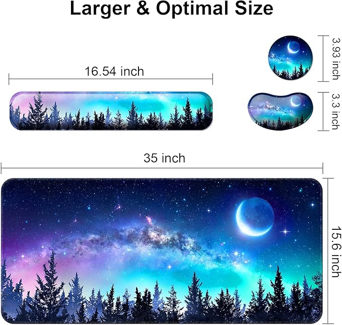 Keyboard Wrist Rest + Mouse Pad with Wrist Support + Desk Mat + Coaster 4 in 1 Set, XXL Large Gaming Mousepad Cute Ergonomic Mouse Pads for Desk Computer Laptop Office Decor-Forest Moon