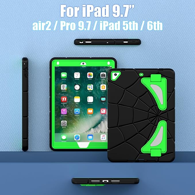 AKABEILA Compatible with Apple iPad 9.7 5th/6th(2017/2018)/iPad Air 2/iPad Pro 9.7 Tablet Case，Lightweight Shockproof Rugged Protective Cover with Kickstand for Kids Children Boys Babies Dark Green