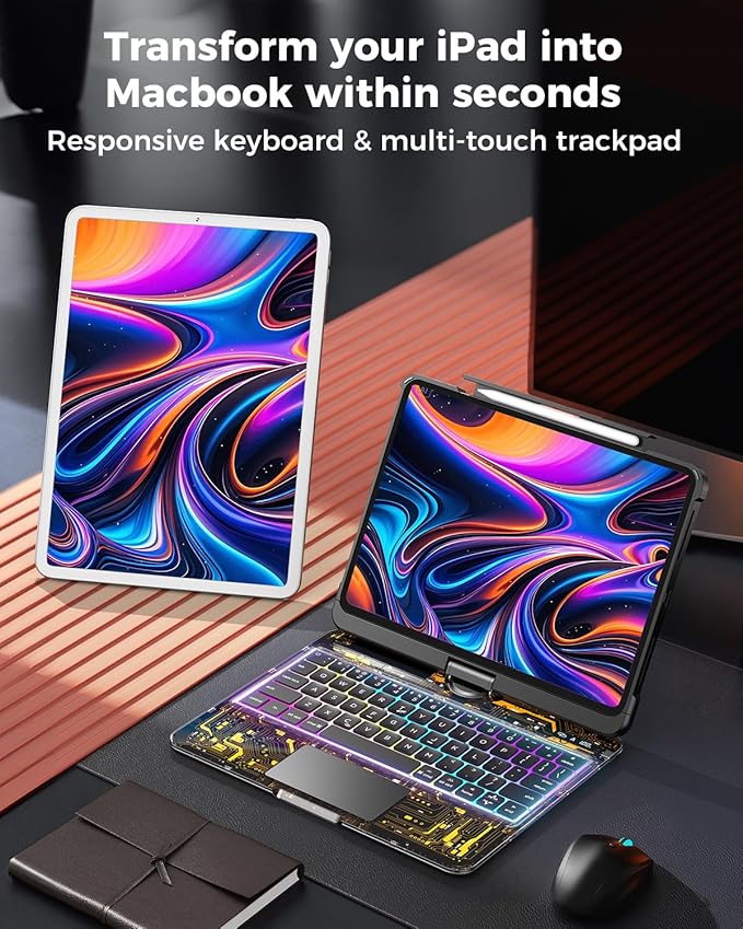 TSQQST Clear Wireless Keyboard Case for iPad Pro 13 Inch M5/M4 2025/2024 with Pencil Holder & Multi-Touch Trackpad, Visible PCB High-Tech Style, 3-Brightness & 7-Color Backlight, 360 Rotatable, Black
