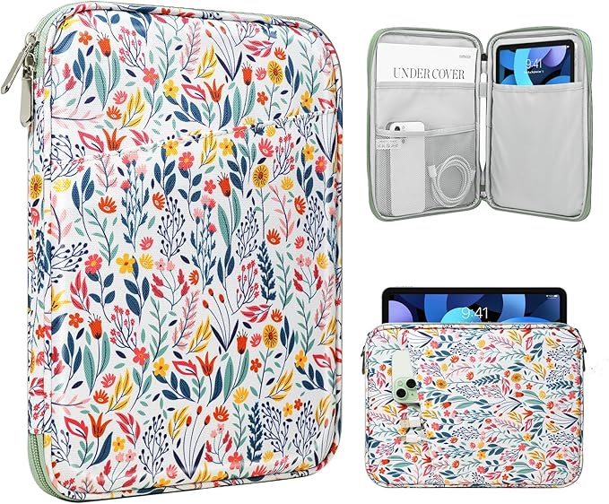 TiMOVO 9-11" Tablet Sleeve Bag for iPad 11-inch A16 2025, iPad 10.9"/10.2"| Air 11 Inch/5th/4th Gen. 10.9", Galaxy Tab A9+/A11Plus 11", Protective Bag with Pocket, Flowers