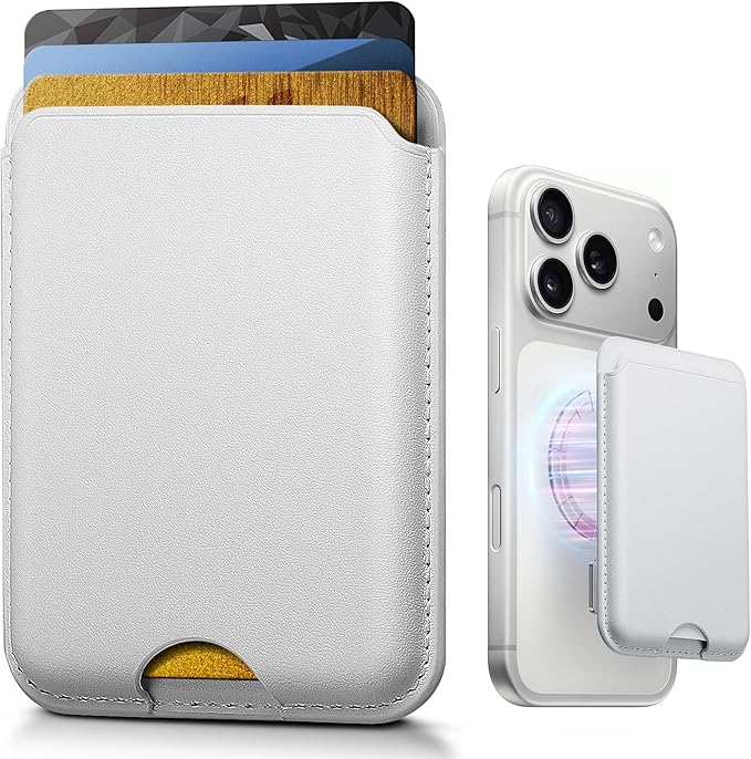 Stronger Magnetic Wallet for iPhone 17/16/15/14/13/12 Series & for MagSafe-compatible Cases, Slim Leather Magnetic Card Holder with RFID Blocking, N52 Magnet Phone Wallet, Fit 3 Cards, White
