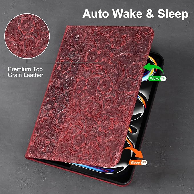 Gexmil Case for iPad Pro 11 Inch,4th/3rd/2nd/1st Generation(2022/2021/2020/2018) Genuine Leather Cover Anti Fingerprint,Cowhide Folio Cover Auto Sleep/Wake with Adjustable Stand,Floral Red