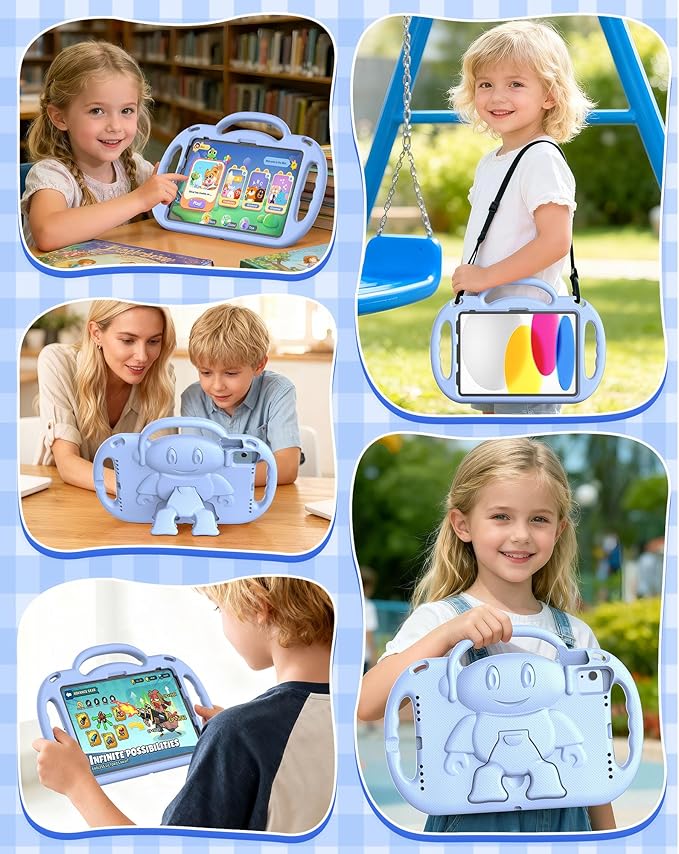 Kids Case for iPad A16 11" 2025 (11th Gen) & 10th Generation 10.9" 2022 & iPad Air 11" M3/M2 & Air 5th/4th Gen & Pro 11, Durable Shockproof Cover with Shoulder Strap Handle Stand, Light Blue