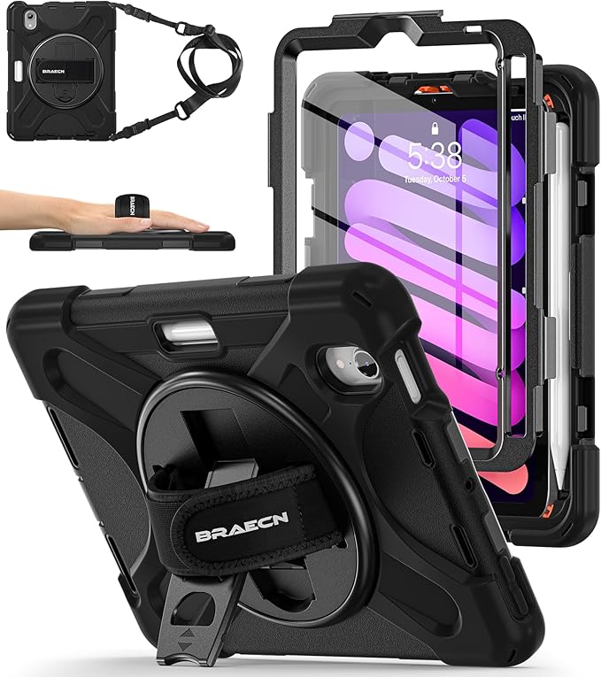 BRAECNstock Case for Apple iPad mini 7 (A17 Pro) 2024/ Mini 6 2021 8.3", Rugged Protective with Screen Protector, Pencil Holder, Rotating Hand Strap & Stand, iPad mini 7th/6th Gen Case Kids, Black