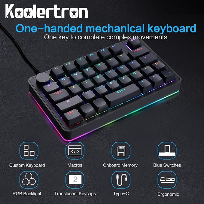 Koolertron Single-Handed Macro Mechanical Keyboard, RGB LED Backlit Portable Mini One-Handed Mechanical Gaming Keypad 39 Fully Programmable Keys (39 Keyboard Black)
